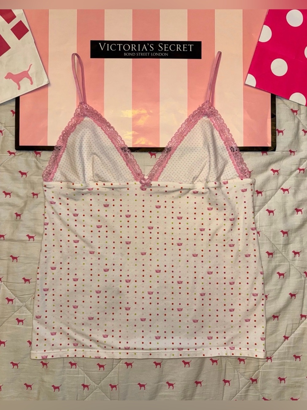 VS PINK VINTAGE Y2K LACE TRIM CAMI TANK TOP POLKA DOTS PRINCESS CROWN RARE HTF L